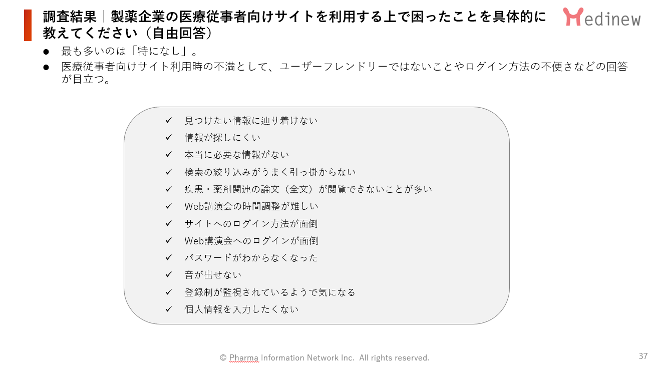 調査結果｜製薬企業の医療従事者向けサイトを利用する上で困ったことを具体的に教えてください（自由回答）